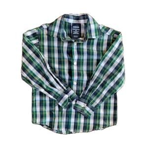 IZOD-Plaid Button Down-Long Sleeve-Shirt-Cotton Blend-Green Blue-Boys XXS-4-5